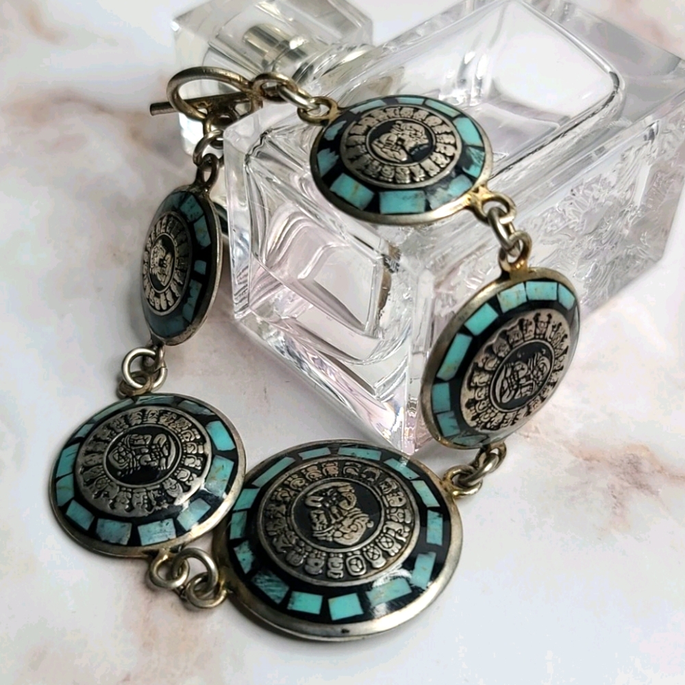 Sterling silver Aztec calendar symbols Bracelet
